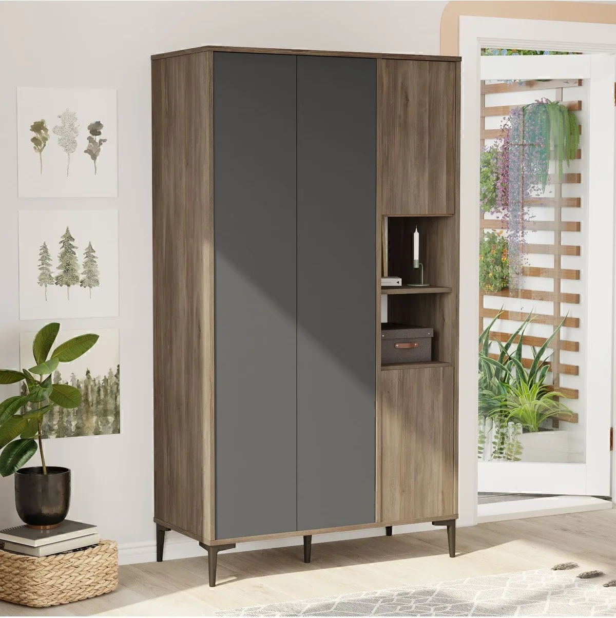 Armoire Oliver large 4 portes avec étagères Café-anthracite OLI9-CA