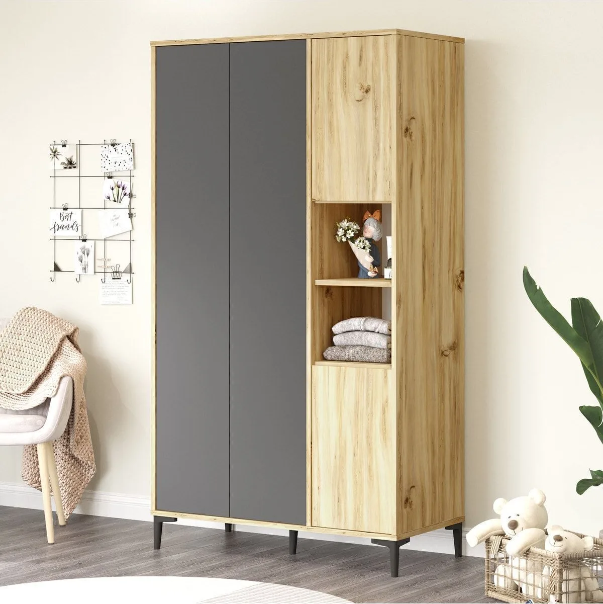 Armoire Oliver large 4 portes avec étagères Feutre-anthracite OLI9-KA