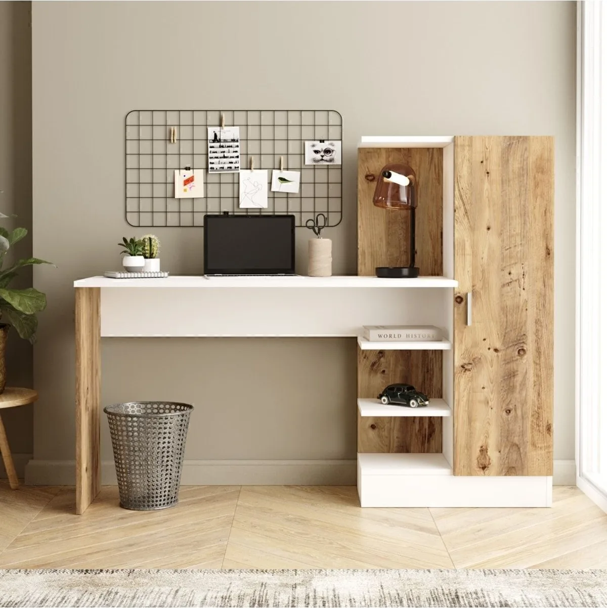 Bureau Yurupa Wose avec bibliothèque, étagères et placard Pin Atlantique Blanc WOS2-AW