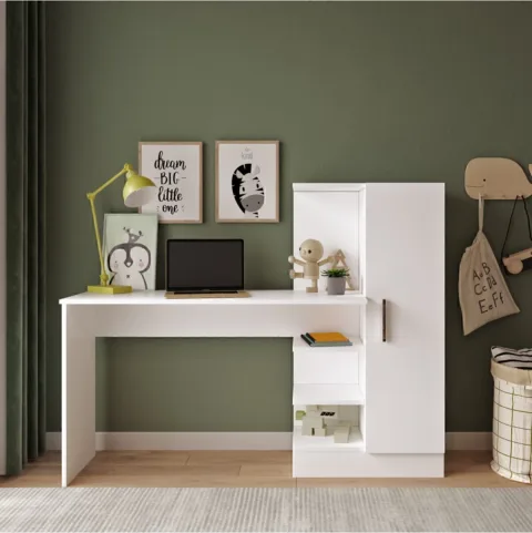 Bureau Wose avec bibliothèque, Bureau enfant Blanc WOS2-W