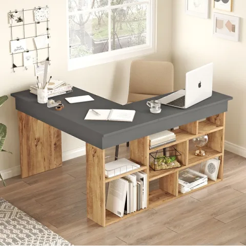 Bibliothèque d'angle avec bureau Pin-anthracite COR5-AA