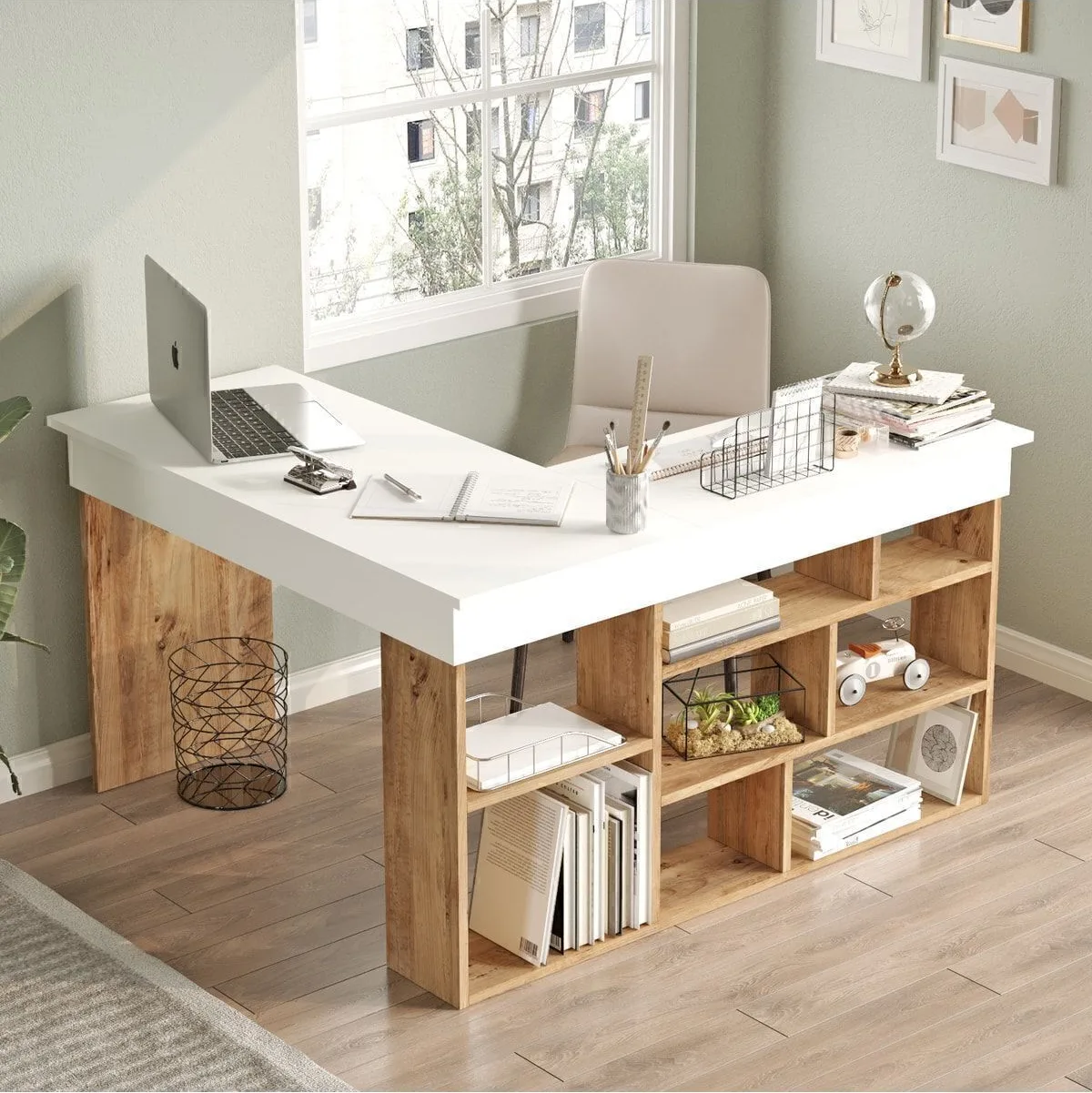 Bibliothèque d'angle avec bureau Pin-Blanc COR5-AW