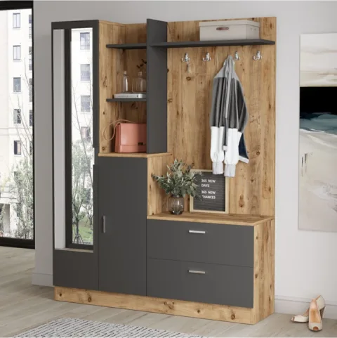 Vestiaire Lidya Pin Anthracite Meuble à chaussures Portemanteau avec miroir et étagère LID5-AA
