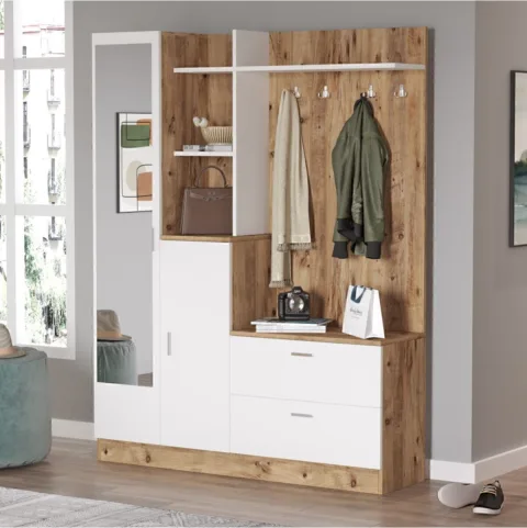 Vestiaire Lidya Meuble à chaussures Portemanteau avec miroir et étagère Pin-Blanc LID5-AW