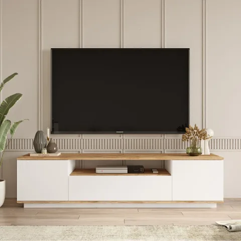 Meuble TV Aven avec portes 180cm Pin-Blanc AVE7-AW