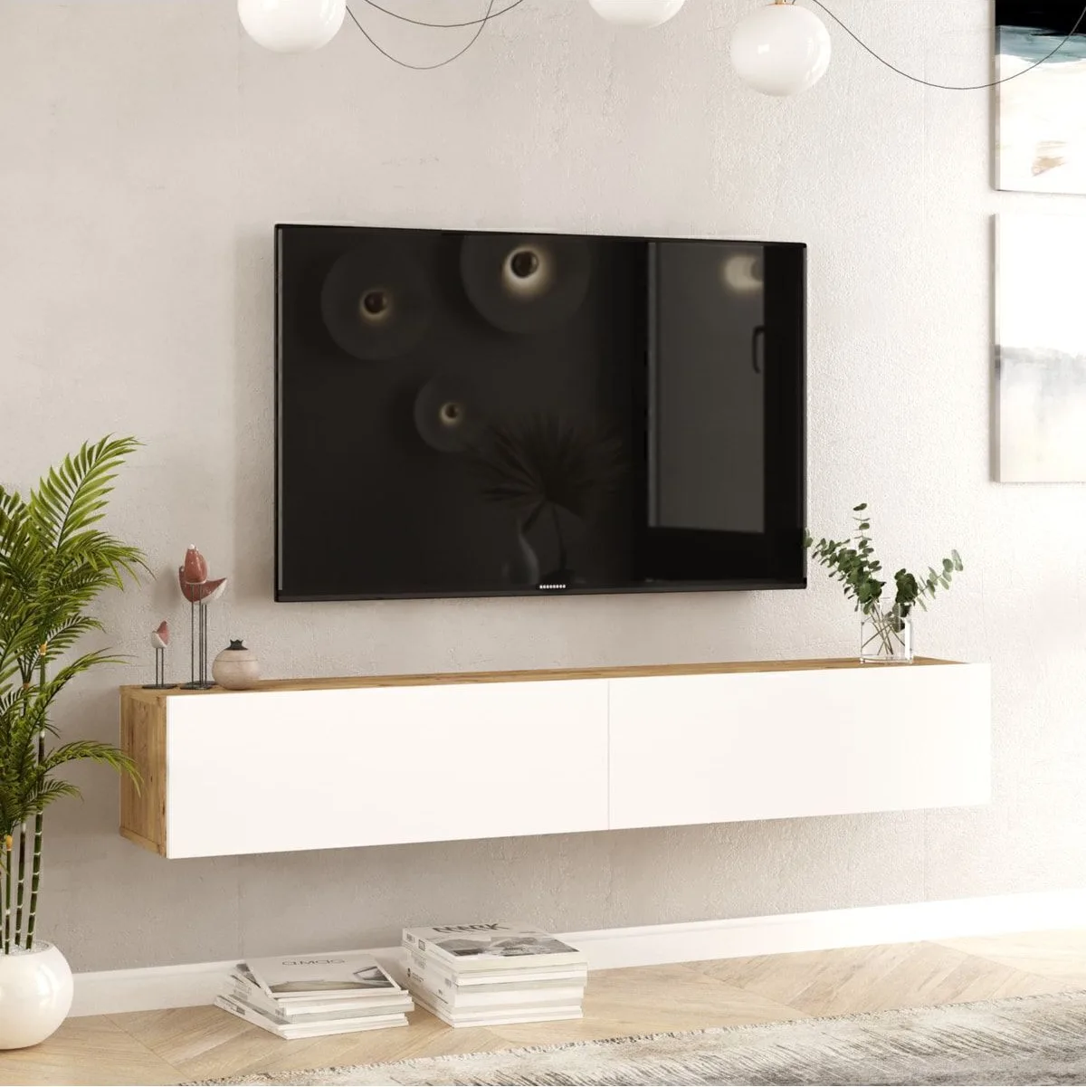 Meuble TV Aven avec portes 180cm Pin-Blanc AVE8-AW