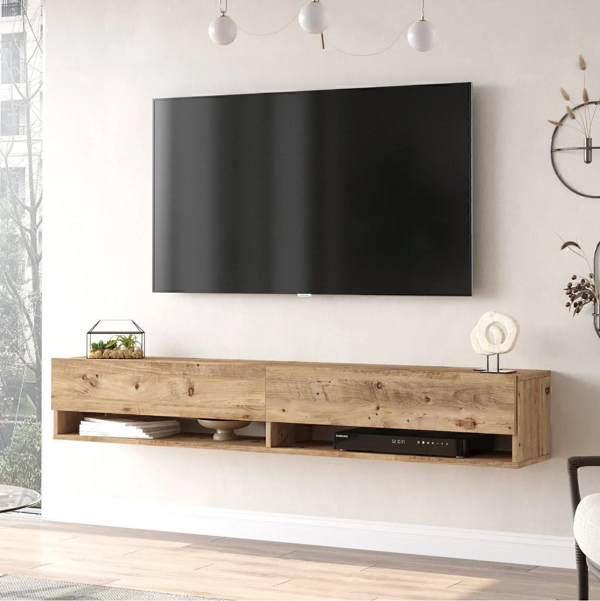 Meuble TV Aven avec portes et étagères 180cm Pin AVE9-A
