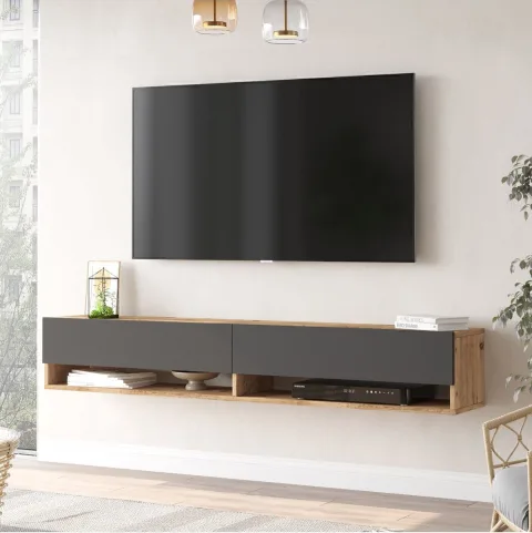 Meuble TV Aven avec portes et étagères 180cm Pin-Anthracite AVE9-AA