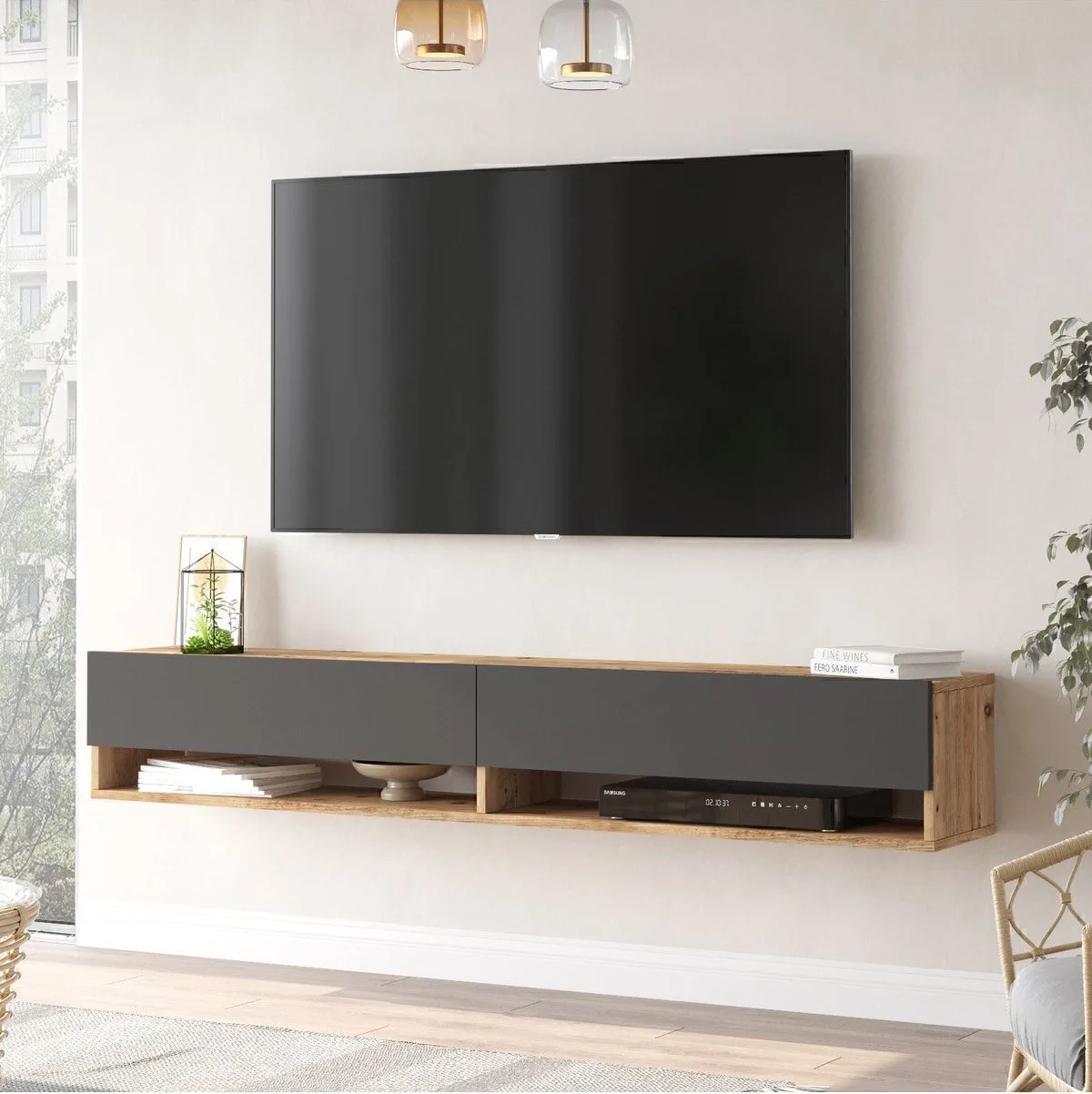 Meuble TV Aven avec portes et étagères 180cm Pin-Anthracite AVE9-AA
