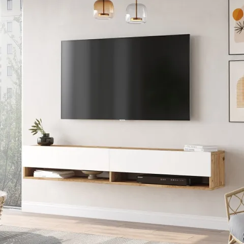 Meuble TV Aven avec portes et étagères 180cm Pin-Blanc AVE9-AW