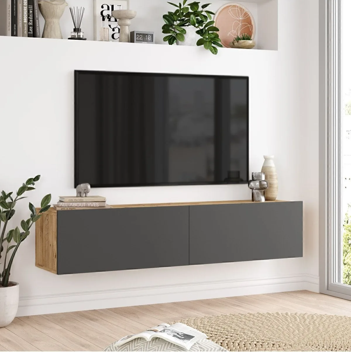 Meuble TV Aven avec portes 140cm Pin-Anthracite AVE10-AA