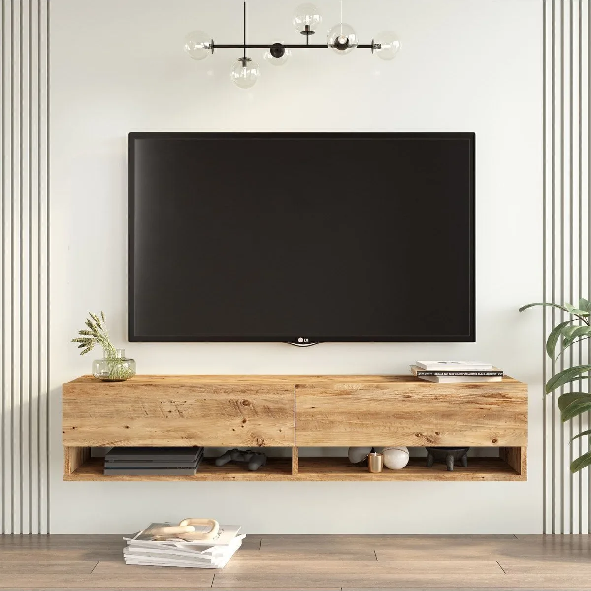 Meuble TV Aven avec étagères et portes 140cm Pin AVE11-A
