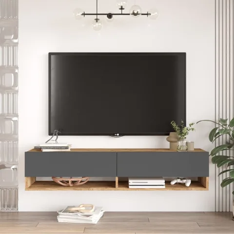 Meuble TV Aven avec étagères et portes 140cm Pin-Anthracite AVE11-AA