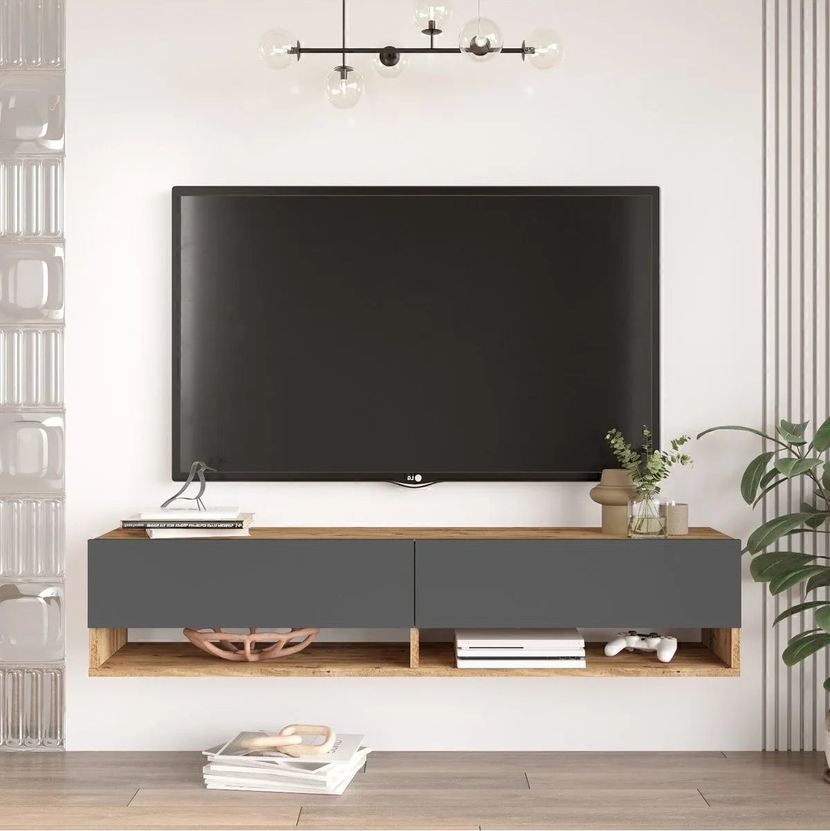 Meuble TV Aven avec étagères et portes 140cm Pin-Anthracite AVE11-AA
