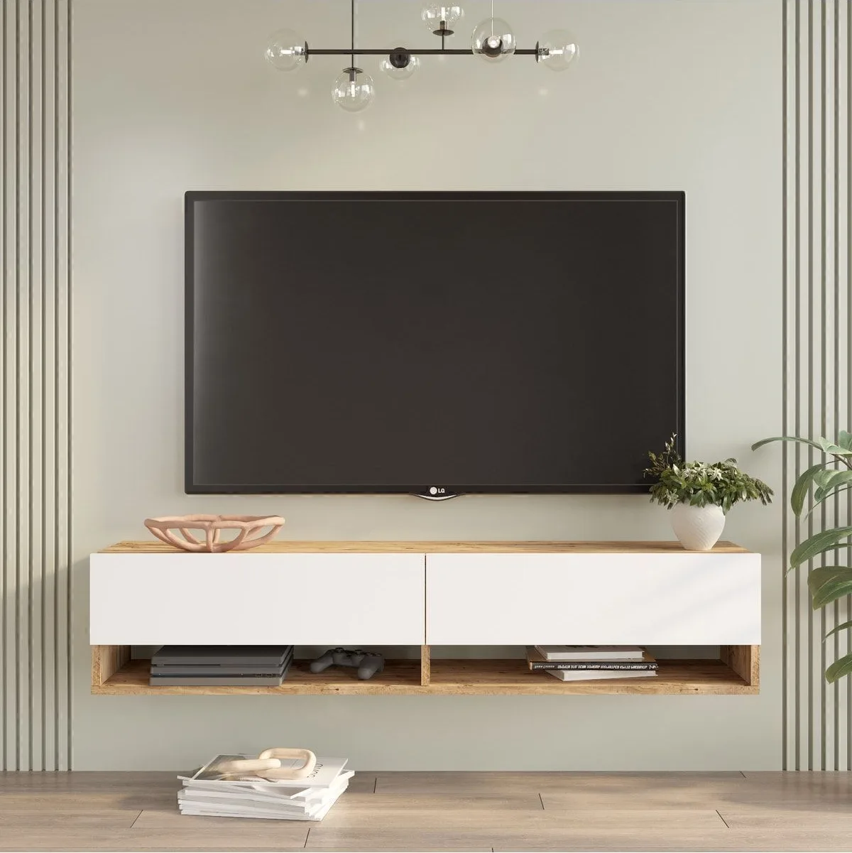 Meuble TV Aven avec étagères et portes 140cm Pin-Blanc AVE11-AW