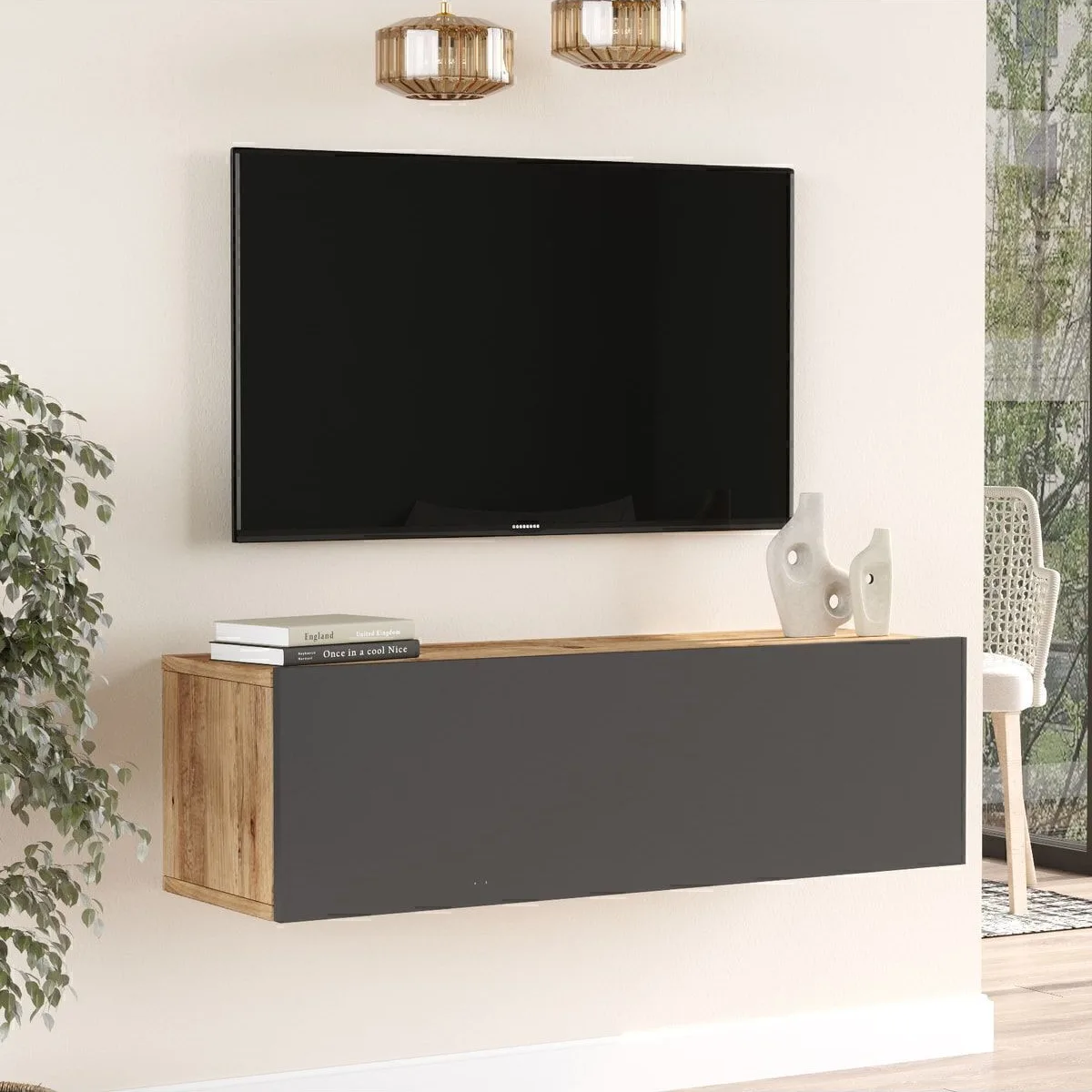 Meuble TV Aven avec portes 100cm Pin-Anthracite AVE12-AA