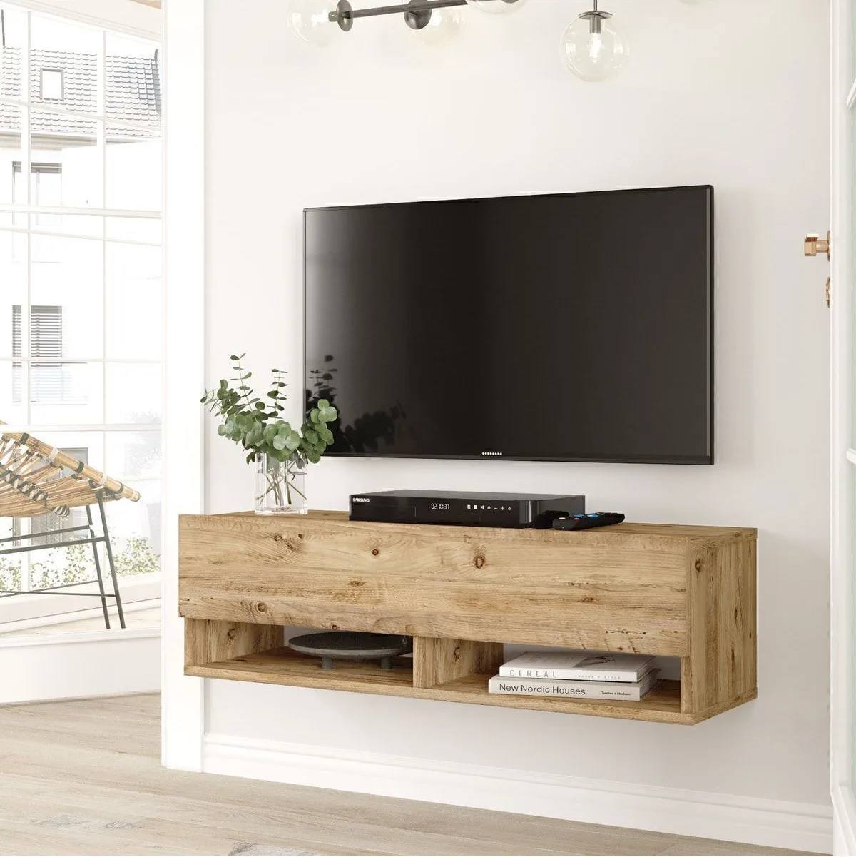 Meuble TV Aven avec étagères et portes 100cm Pin AVE13-A