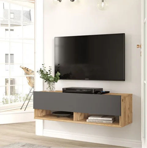 Meuble TV Aven avec étagères et portes 100cm Pin-Anthracite AVE13-AA