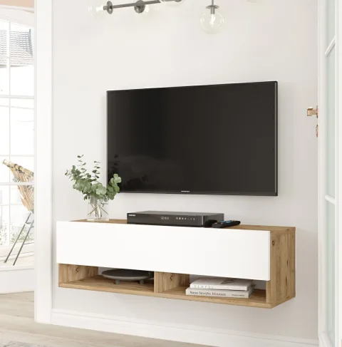 Meuble TV Aven avec étagères et portes 100cm Pin-Blanc AVE13-AW