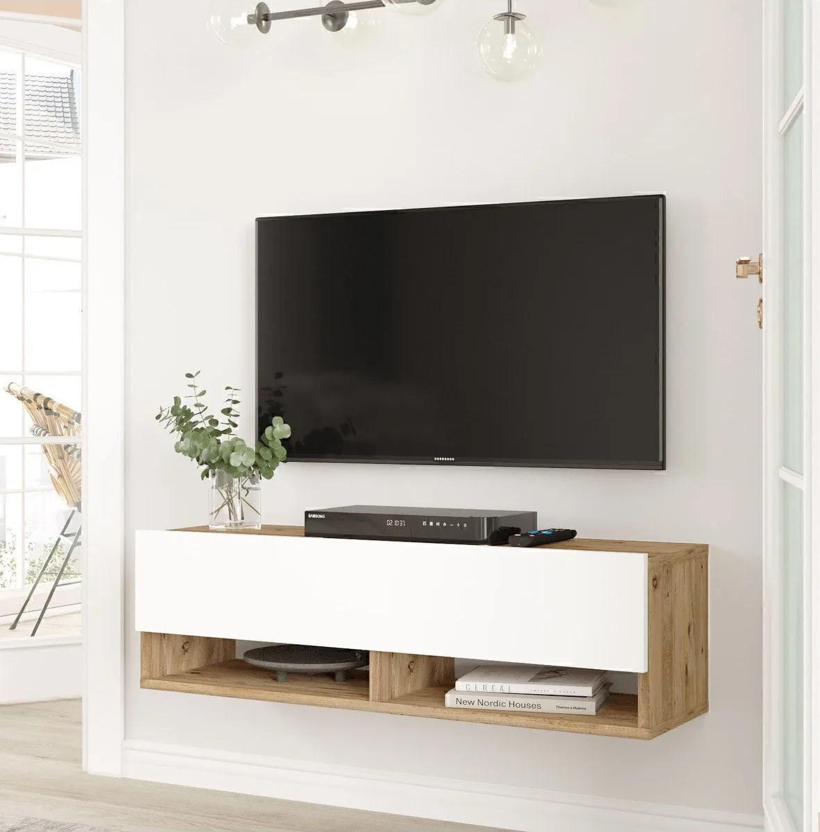 Meuble TV Aven avec étagères et portes 100cm Pin-Blanc AVE13-AW