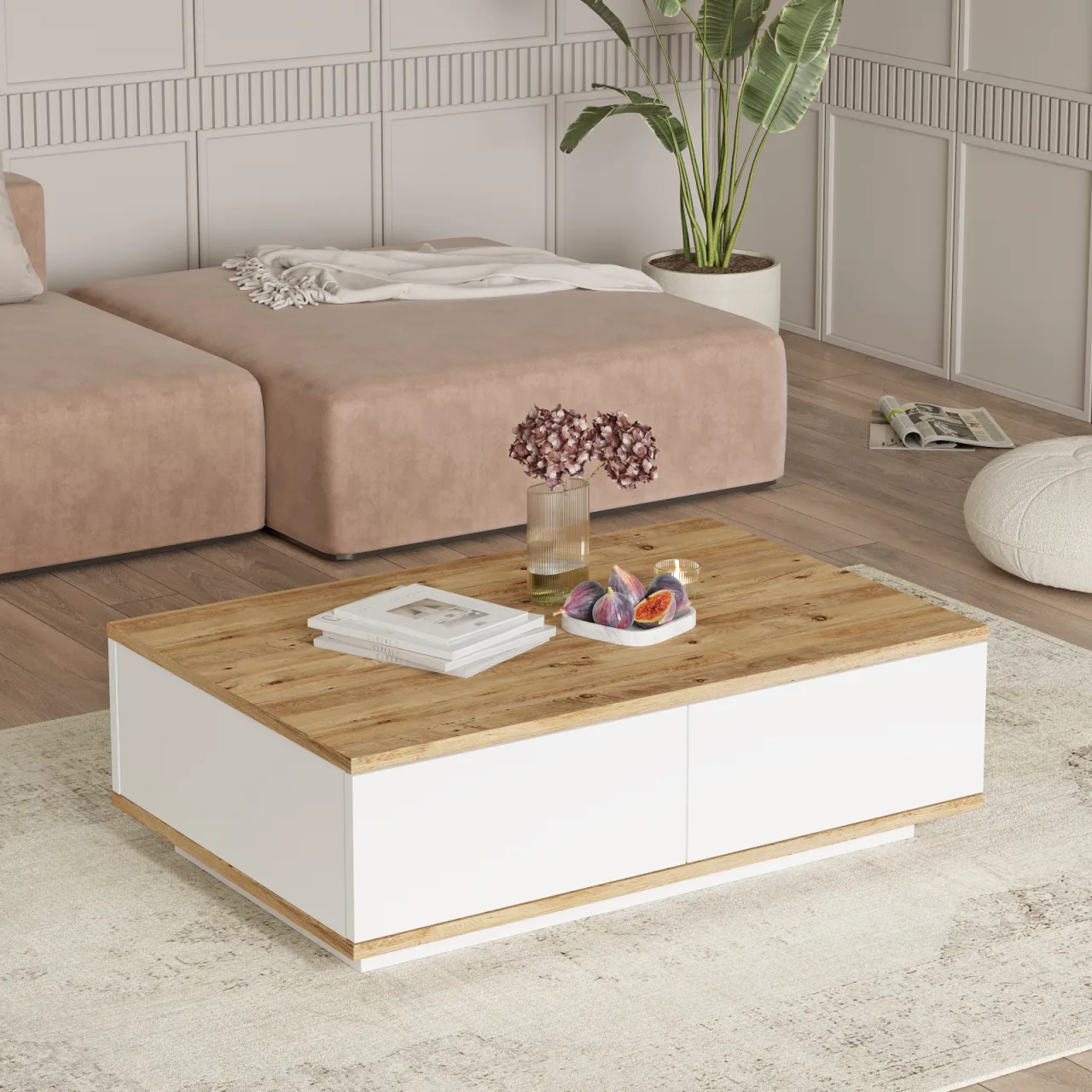 Table basse Aven 60x90cm 2 portes Pin-blanc AVE14-AW
