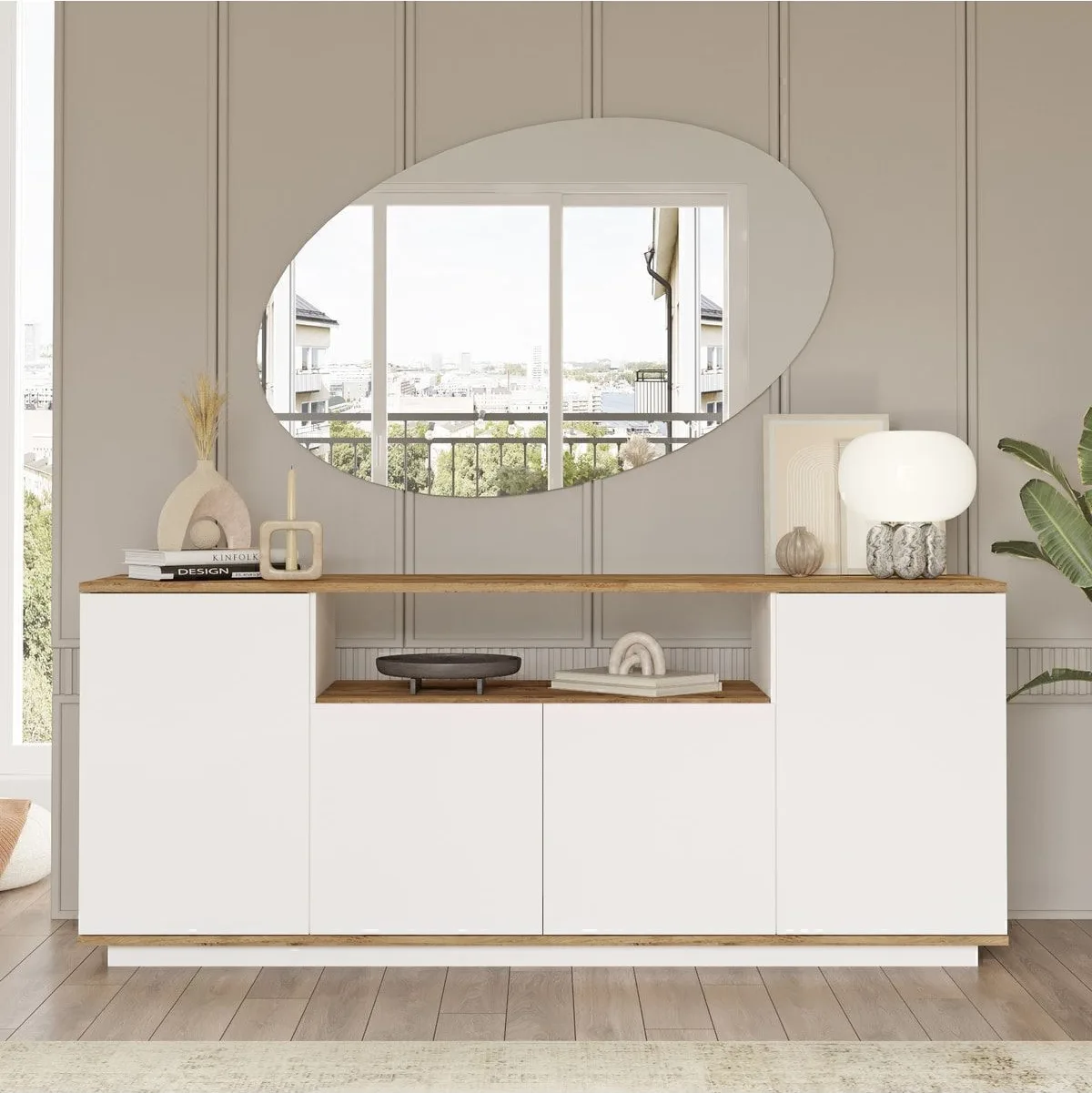 Console Aven 4 portes avec étagères 180cm Pin-blanc AVE15-AW
