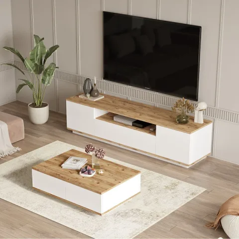 Ensemble 2 pièces Meuble TV et Table basse Aven Pin-blanc AVE17-AW