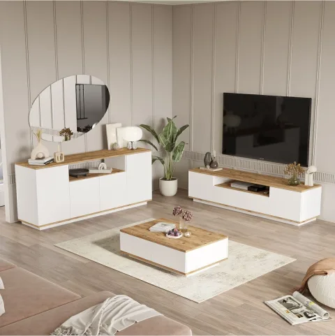 Ensemble 3 pièces Meuble TV, Table basse et Console Aven Pin-blanc AVE18-AW