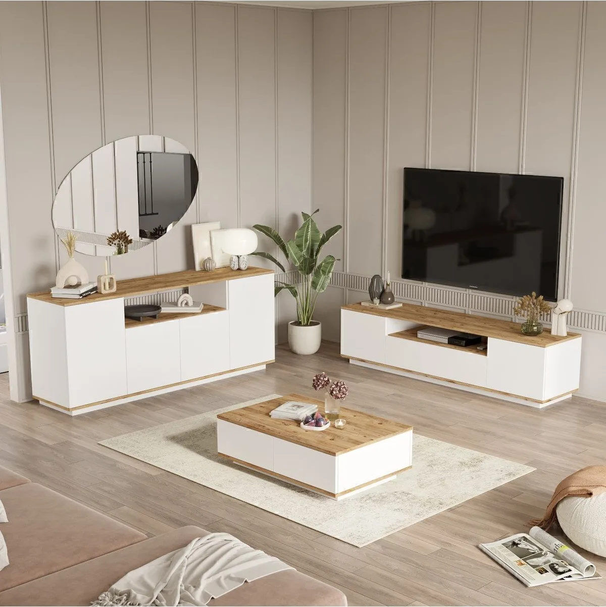 Ensemble 3 pièces Meuble TV, Table basse et Console Aven Pin-blanc AVE18-AW