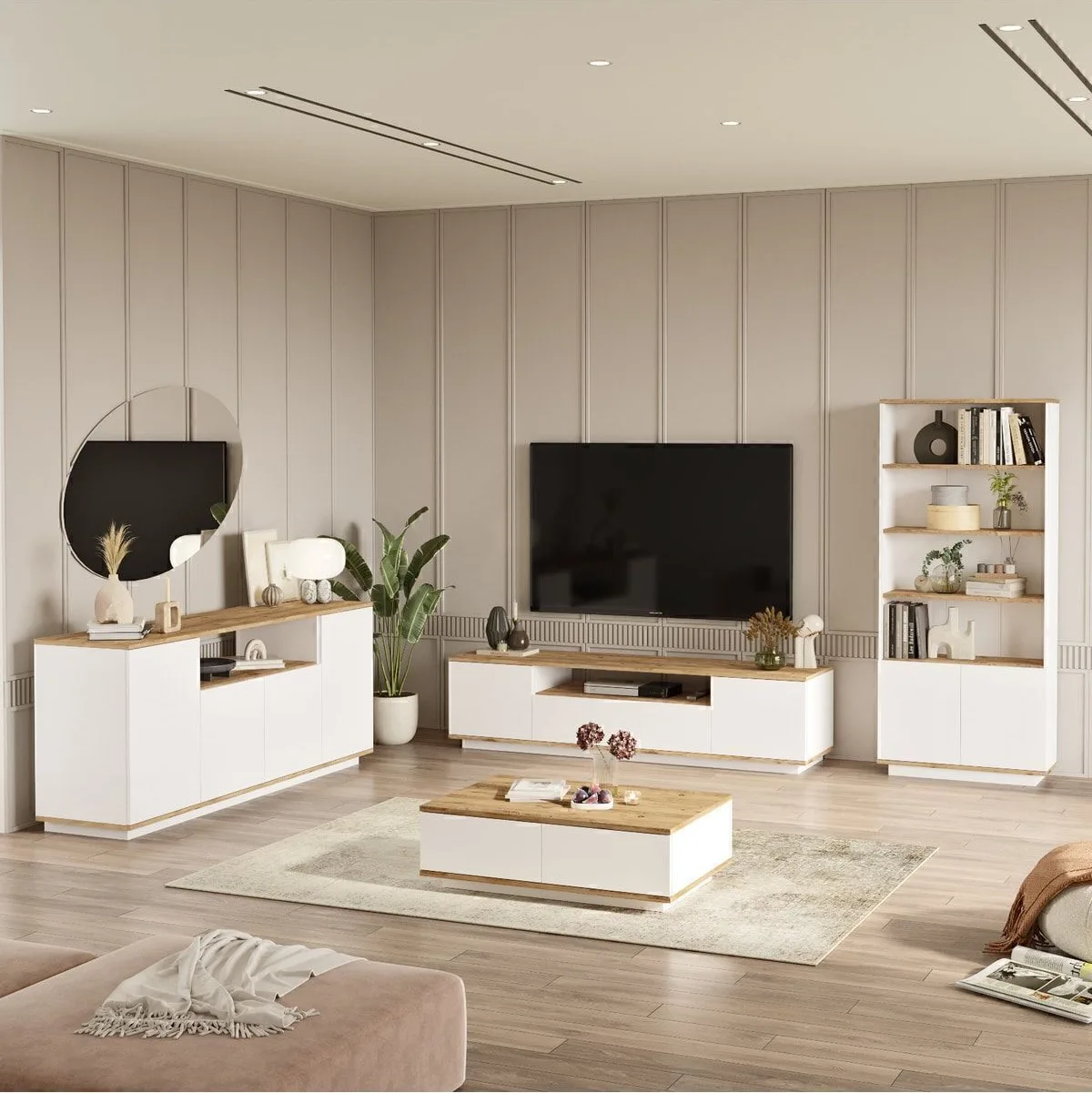 Ensemble 4 pièces Meuble TV, Table basse, Console et Bibliothèque Aven Pin-blanc AVE19-AW