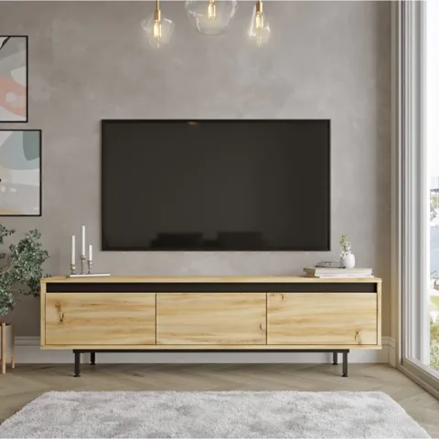 ARYA – Meuble TV 160 cm sur pieds métalliques – Noir & Gris Feutre (ARY1-KL)