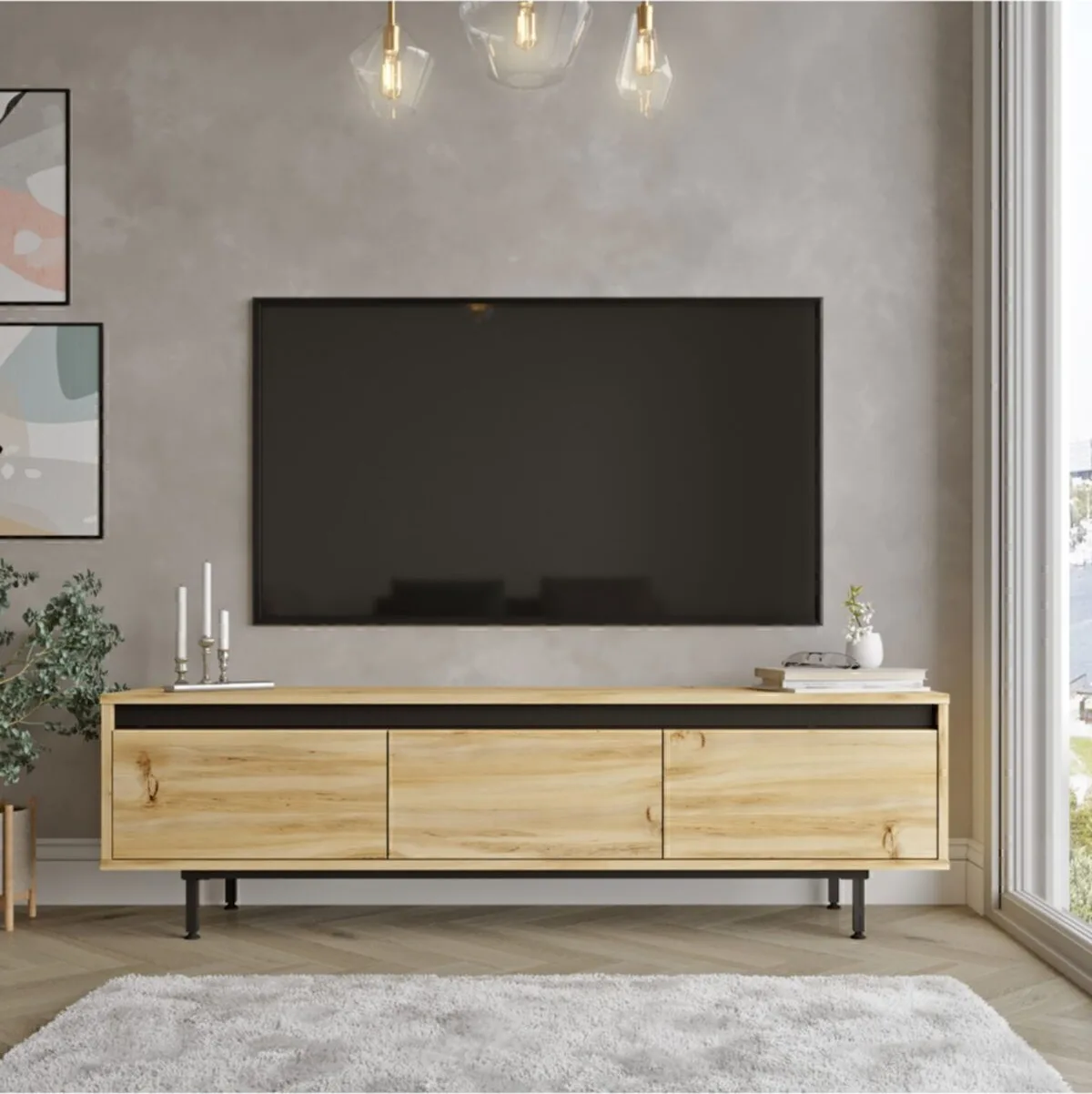 ARYA – Meuble TV 160 cm sur pieds métalliques – Noir & Gris Feutre (ARY1-KL)