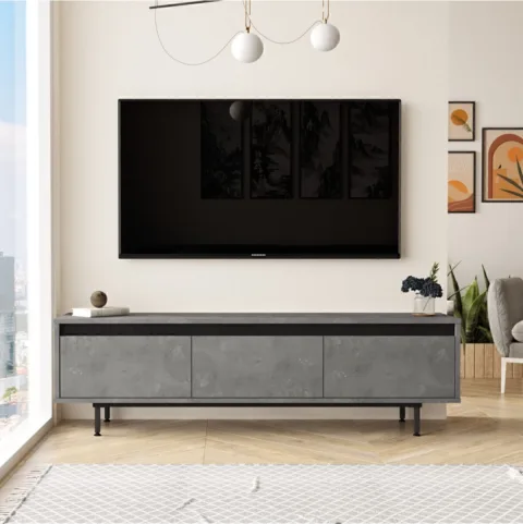 ARYA – Meuble TV 160 cm sur pieds métalliques – Effet Béton & Noir (ARY1-RL)