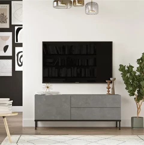 ARYA – Meuble TV 120 cm sur pieds métalliques – Effet Béton & Noir (ARY5-RL)