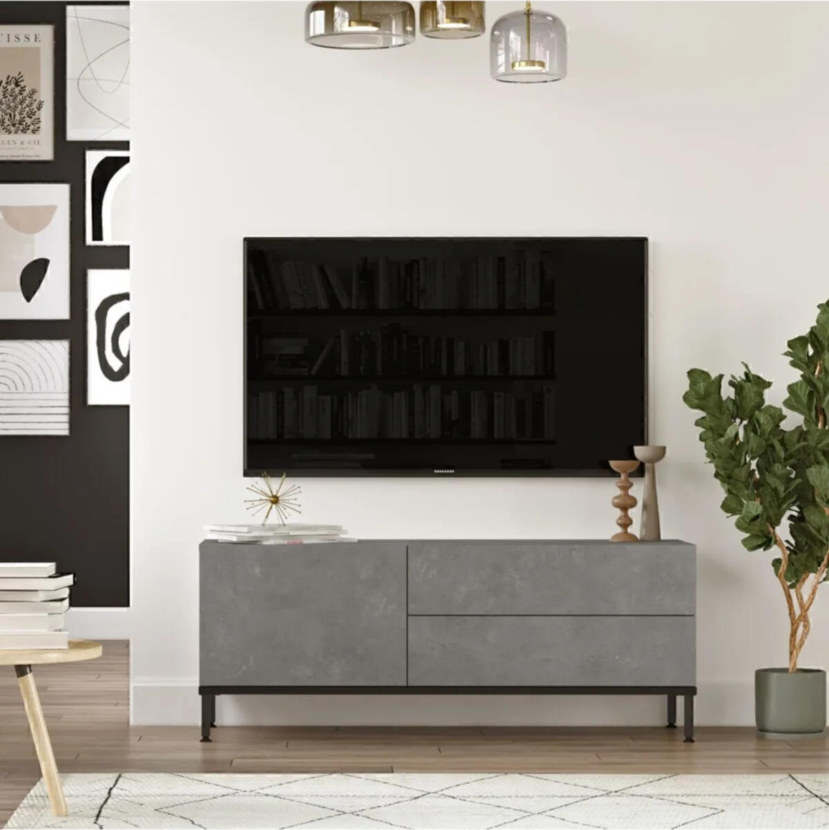 ARYA – Meuble TV 120 cm sur pieds métalliques – Effet Béton & Noir (ARY5-RL)