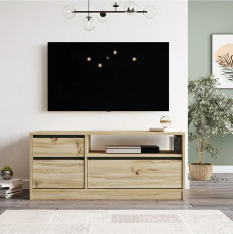 ARYA – Meuble TV 120 cm avec rangements intégrés – Noir & Gris Feutre (ARY7-KL)