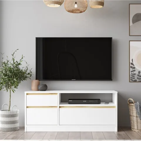 ARYA – Meuble TV 120 cm avec rangements intégrés – Blanc & Gris Feutre (ARY7-WK)