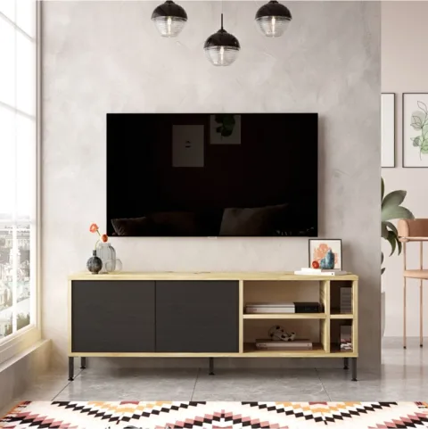 ARYA – Meuble TV 140 cm sur pieds métalliques – Noir & Gris Feutre (ARY8-KL)