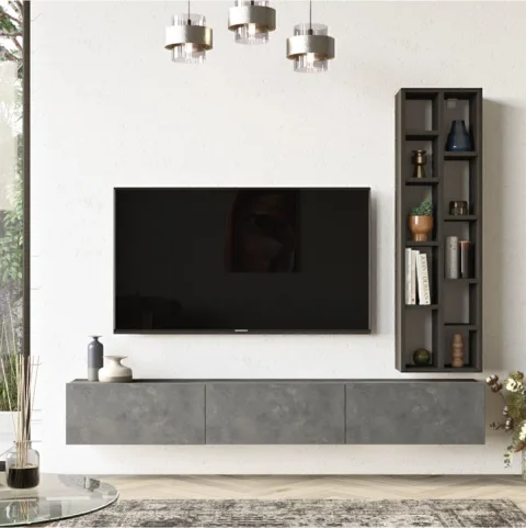 ARYA – Meuble TV avec bibliothèque 175 cm – Effet Béton & Noir (ARY9-RL)