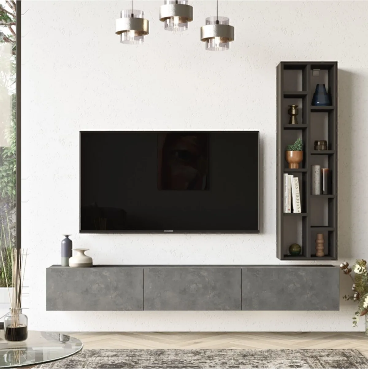 ARYA – Meuble TV avec bibliothèque 175 cm – Effet Béton & Noir (ARY9-RL)