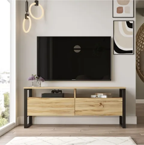 ARYA – Meuble TV 140 cm sur pieds métalliques – Gris Feutre (ARY11-KE)