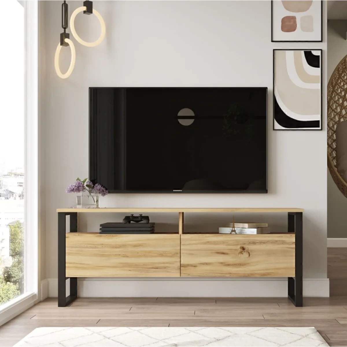 ARYA – Meuble TV 140 cm sur pieds métalliques – Gris Feutre (ARY11-KE)