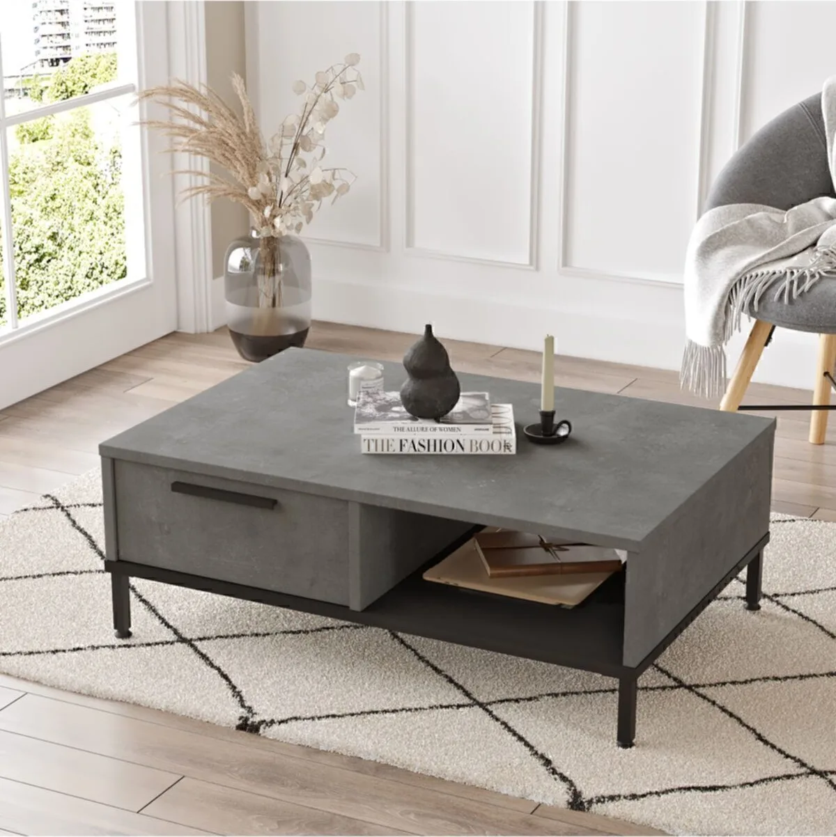 Arya Table basse Pieds Métal avec tiroirs Béton-noir ARY18-RL