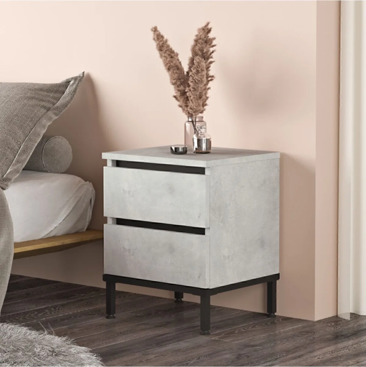 Arya Table de chevet 2 tiroirs Pieds Métal Pierre-noir ARY25-TL