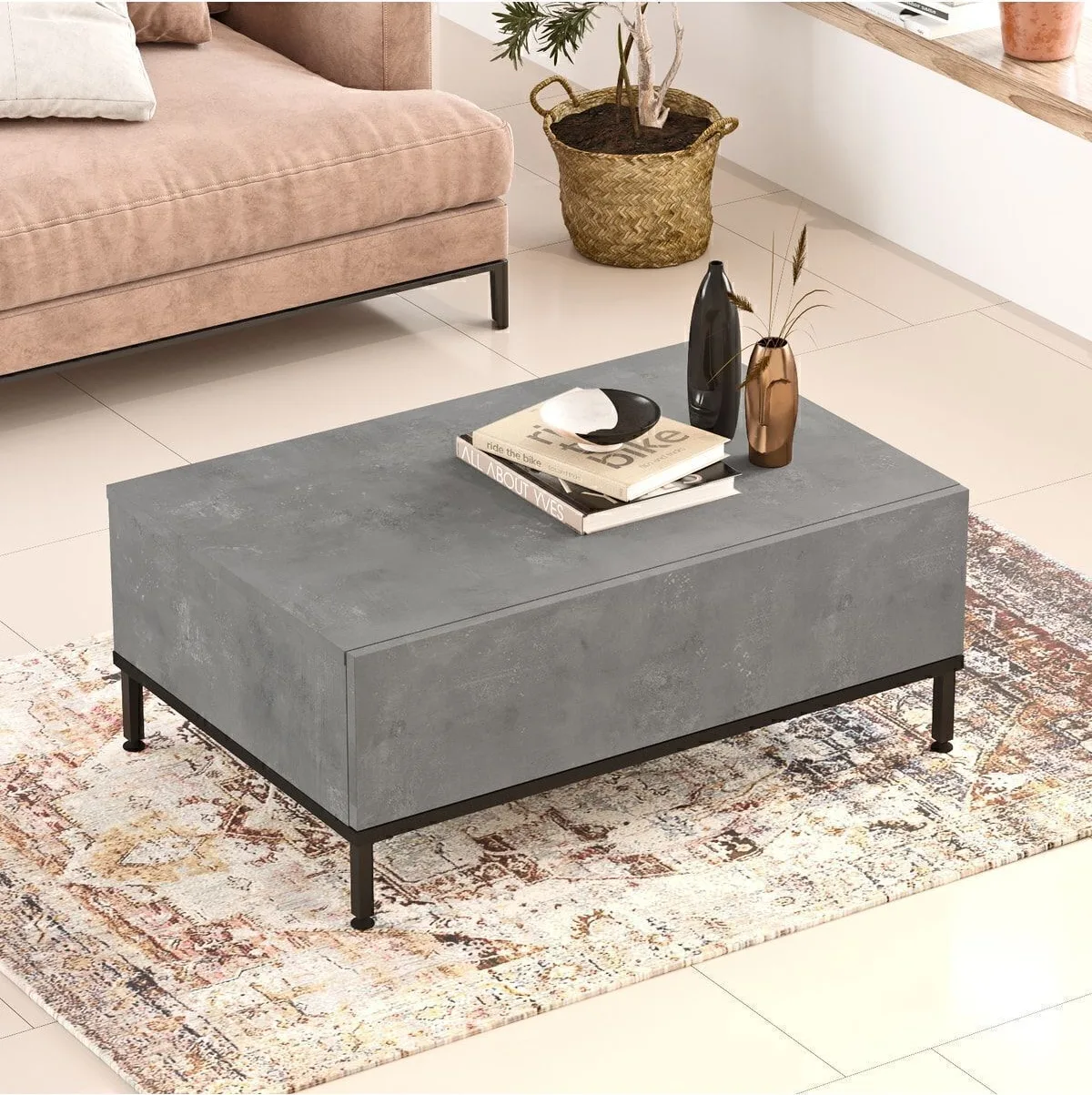 Arya Table basse Pieds Métal avec portes Béton-noir ARY31-RL