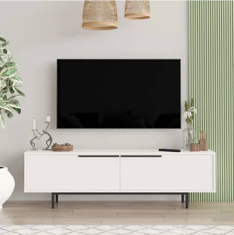 Bohem Meuble TV moderne 160cm pour salon avec pieds en métal et placard Blanc BOH1-W