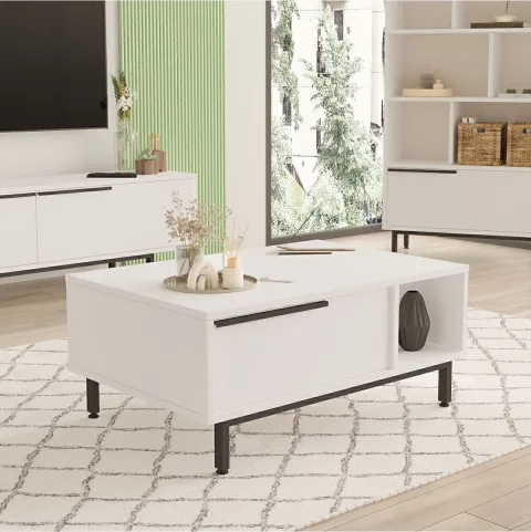 Bohem Table basse 60x90cm avec pieds en métal et portes Blanc BOH2-W