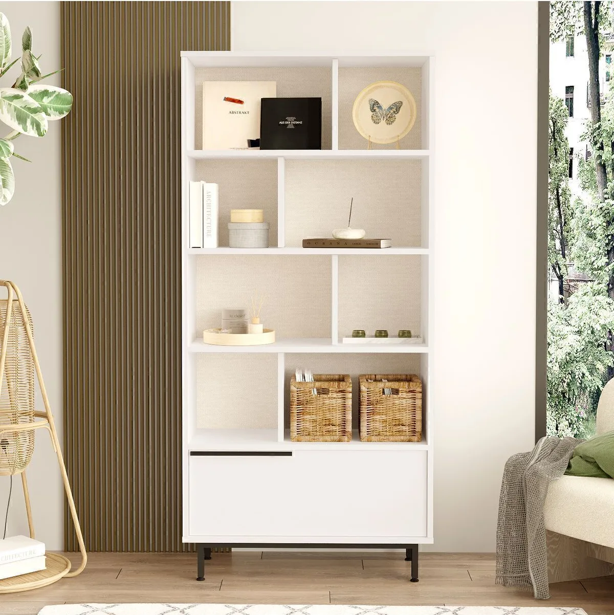 Bohem Bibliothèque avec étagères, pieds en métal 176cm et portes Blanc BOH4-W