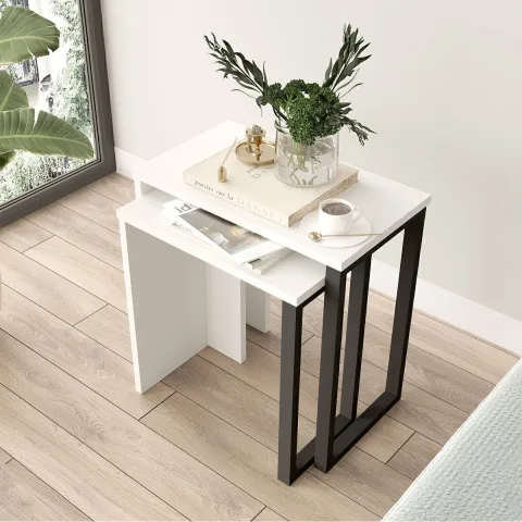 Bohem Lot de 2 tables gigognes avec pieds en métal Blanc BOH7-W