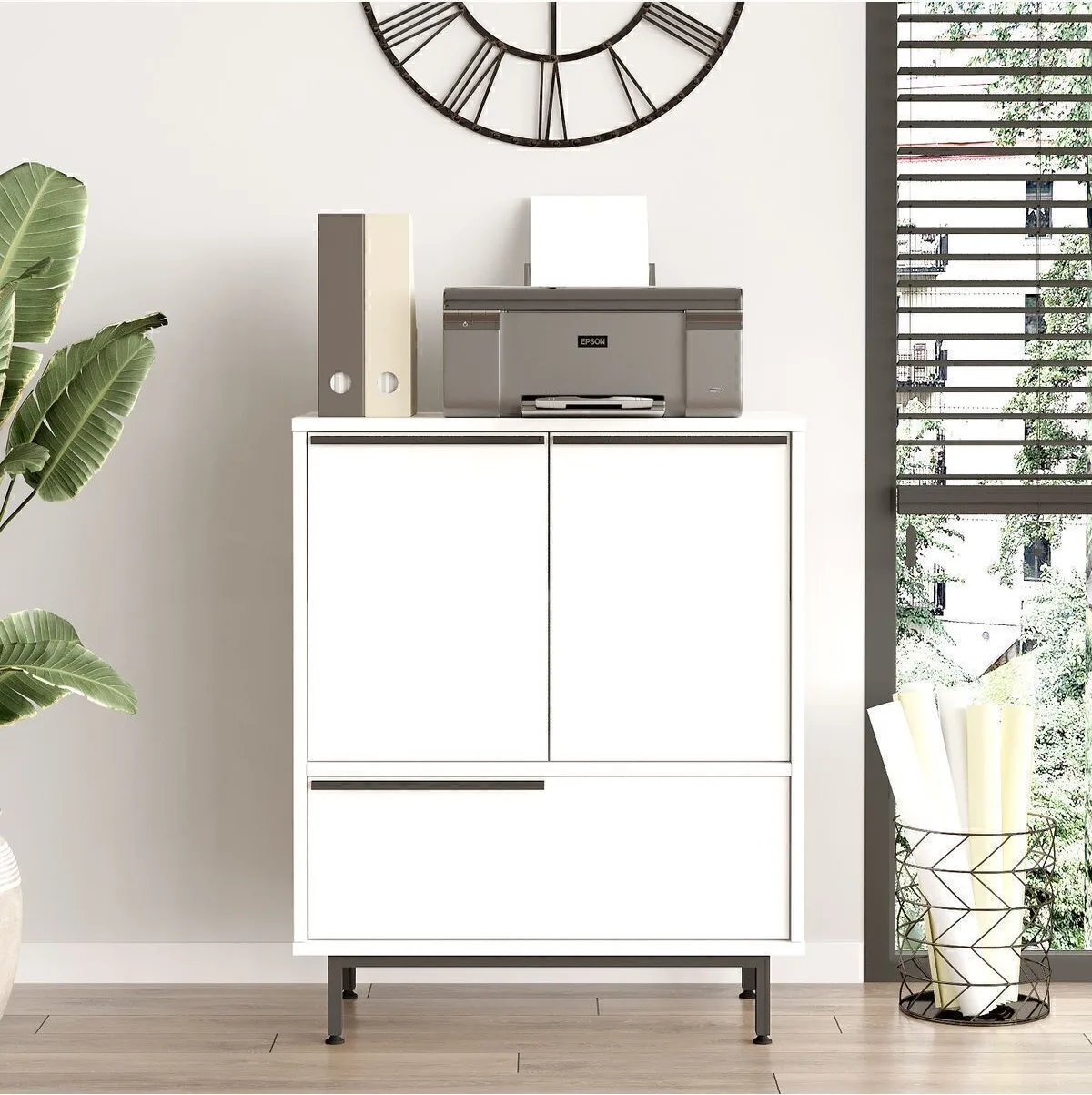 Bohem Armoire de bureau 3 portes avec pieds en métal Blanc BOH8b-W